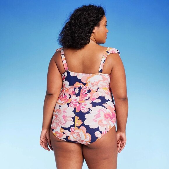 Size 14 - Womens Full Coverage Floral Print Ruffle Sleeve One Piece Swimsuit - Picture 2 of 4